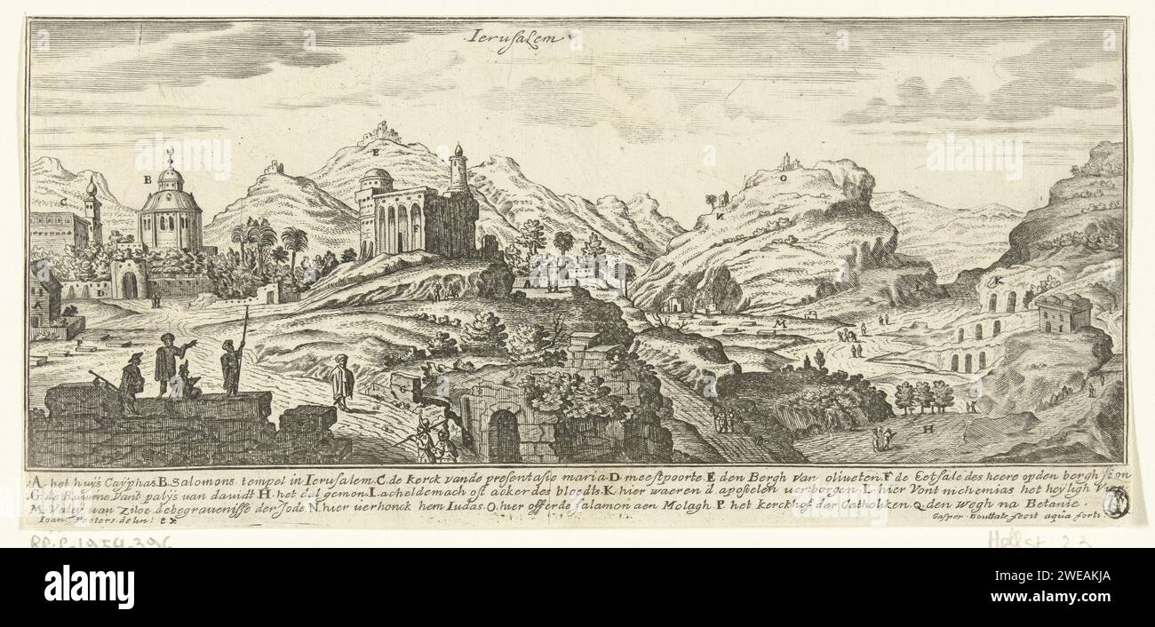 View of Jerusalem, Gaspar Bouttats, After Jan Peeters (I), 1672 print View of the city of Jerusalem and the places of some Bible events. In the foreground several ruins, the temple of Solomon and the palace of King David. In the background the Mount of Olives. Above the cityscape the name of the city. The print has a Dutch caption with references to buildings and places on the print. Antwerp paper etching prospect of city, town panorama, silhouette of city Jerusalem. Mount of Olives. Temple Mountain Stock Photo