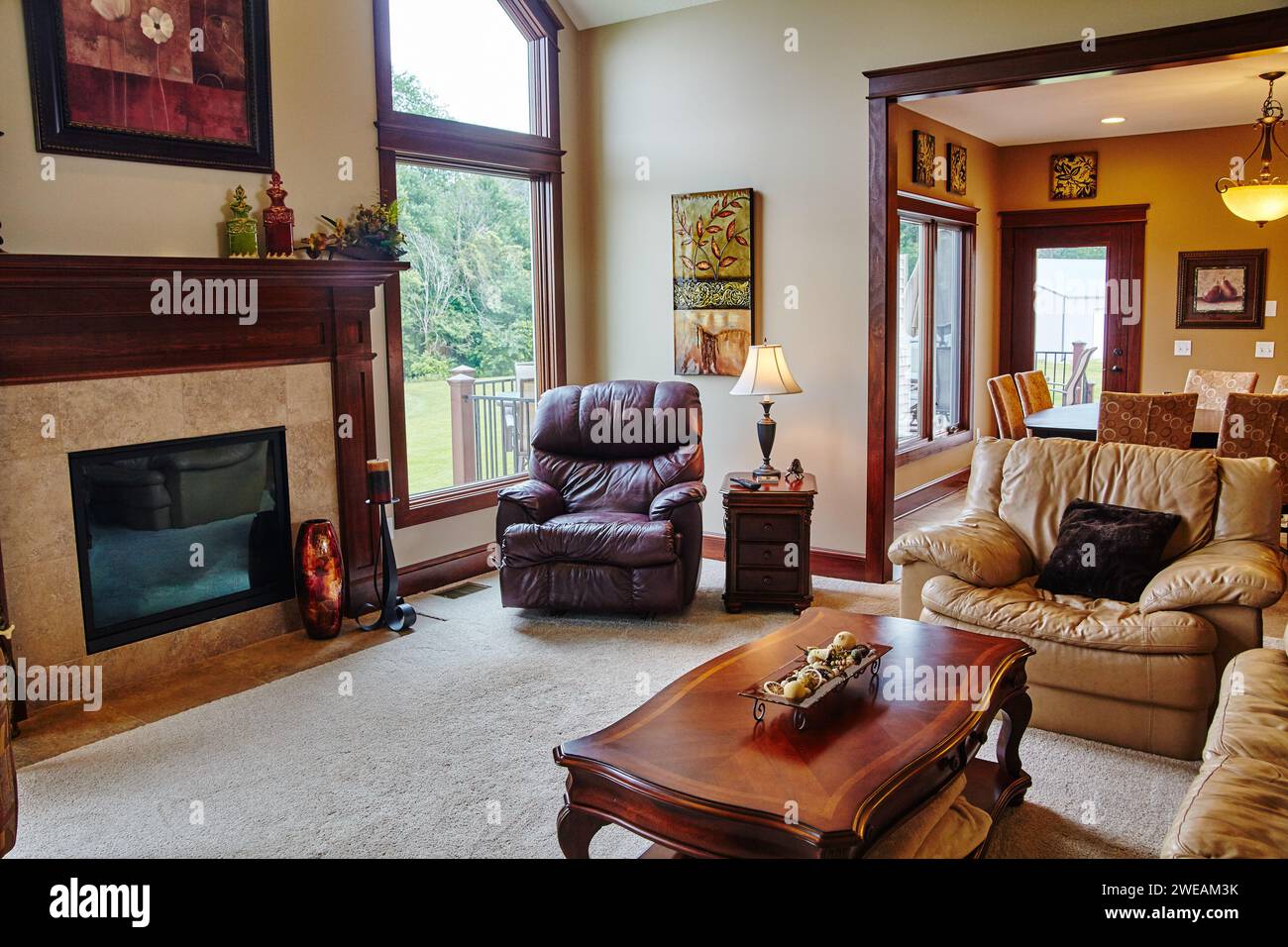 Traditional Living Room with Leather Furniture and Fireplace - Cozy ...