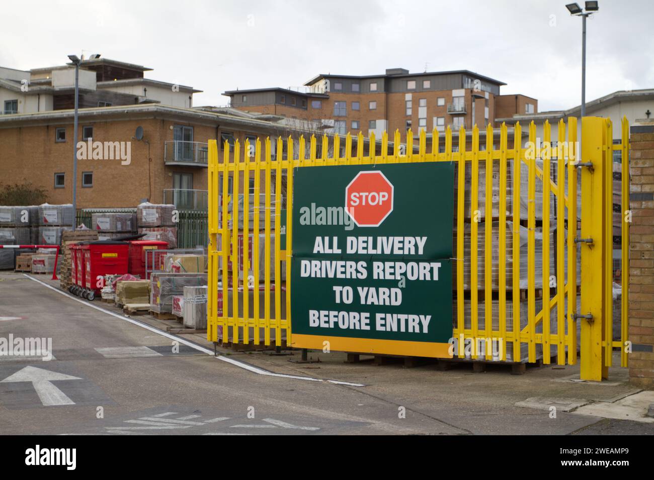 Notice to delivery drivers at the entrance of Travis Perkins in Colchester, Essex. Stock Photo