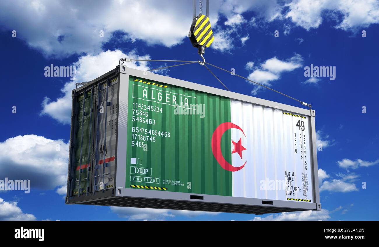 Freight shipping container with national flag of Algeria hanging on ...