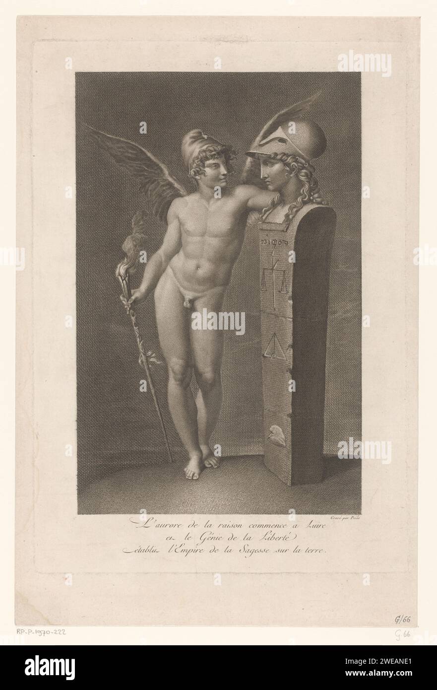 Love and Wisdom, Jacques Louis Pérée, After Pierre Prud'Hon, 1791 - 1879 print   paper etching / engraving Torch. (Story of) Cupid, Amor (Eros). (Story of) Minerva (Pallas, Athena). Freedom, Liberty; 'Freedom' (Ripa). Equality, Equity, Faiorss, Righteousness; 'Equality', 'Equity', 'Giuditio Giusto', 'Dritto and just order', 'Equality' (Ripa) Stock Photo