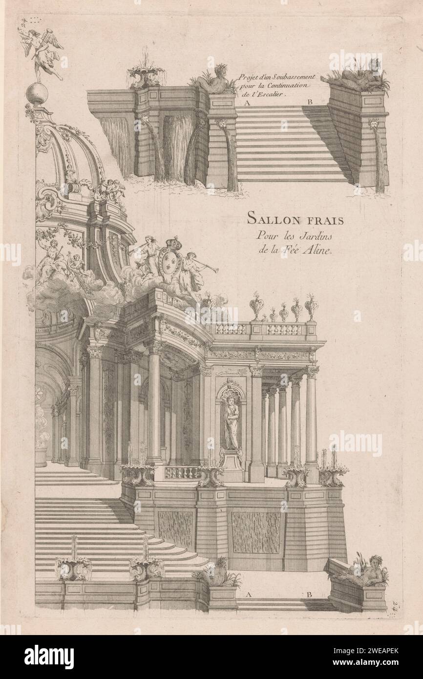 Design for a pavilion, anonymous, 1779 - 1788 print Half a design for a pavilion with dome, colonnades and stairs. Decorated with fountains, putti and angels with a coat of arms and trumpet. Right above a design for a staircase with fountains. Paris paper engraving summer-house, arbour, garden-house (Dutch: 'theekoepel'). garden fountain. front steps Stock Photo