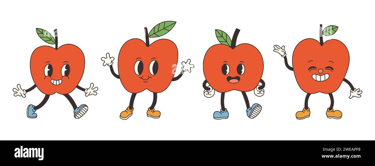 Groovy apple set. Hand draw Funny Retro vintage trendy style apple