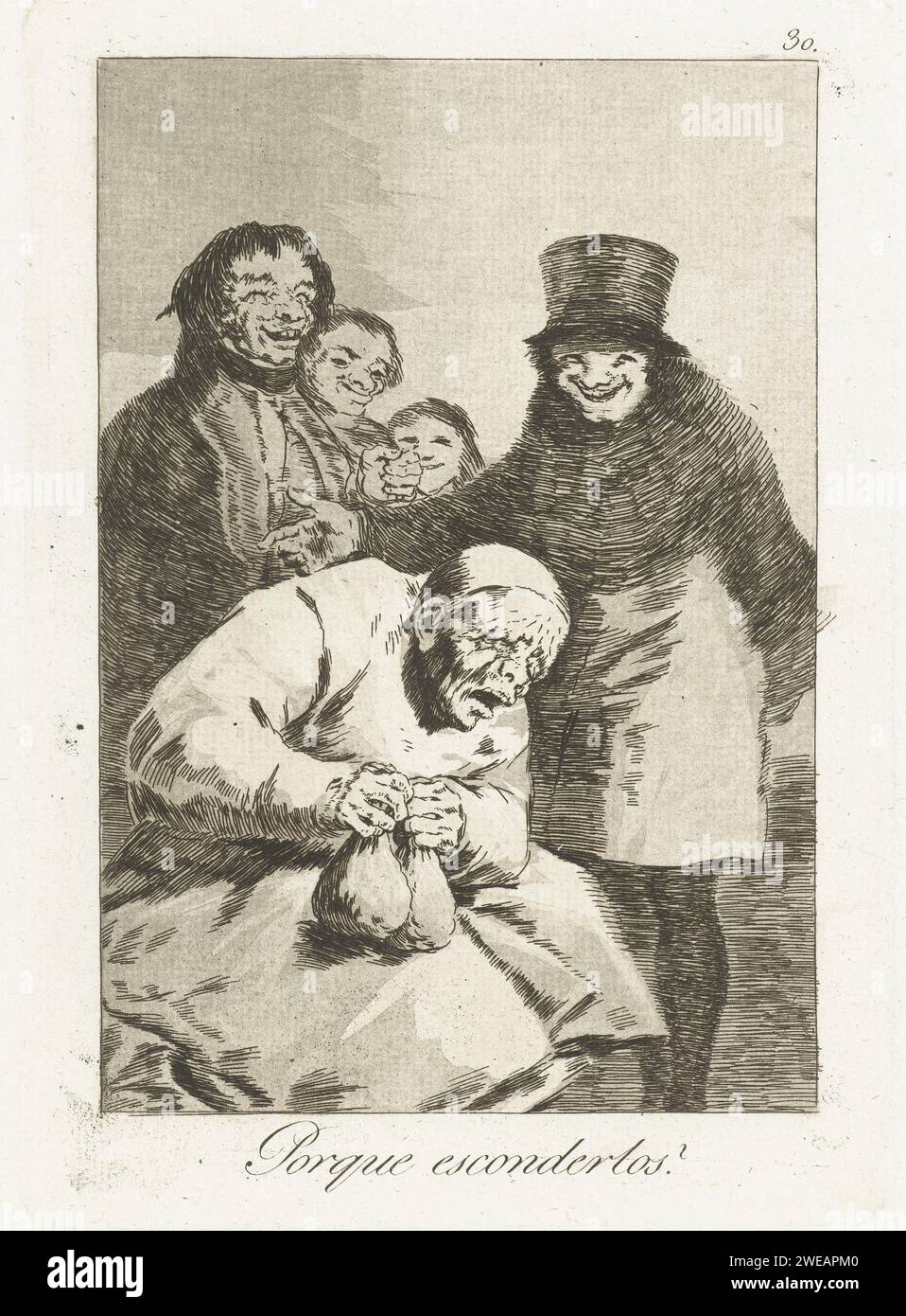 Why hide them?, Francisco de Goya, 1797 - 1799 print One in a dug monk with a bag of money in each hand. He is laughed at by four well -to -do men. Thirtieth print from the Spain paper etching / drypoint Greed, Covetousness, Cupidity; 'CupiditÃ ' (Ripa). monk(s), friar(s) Stock Photo