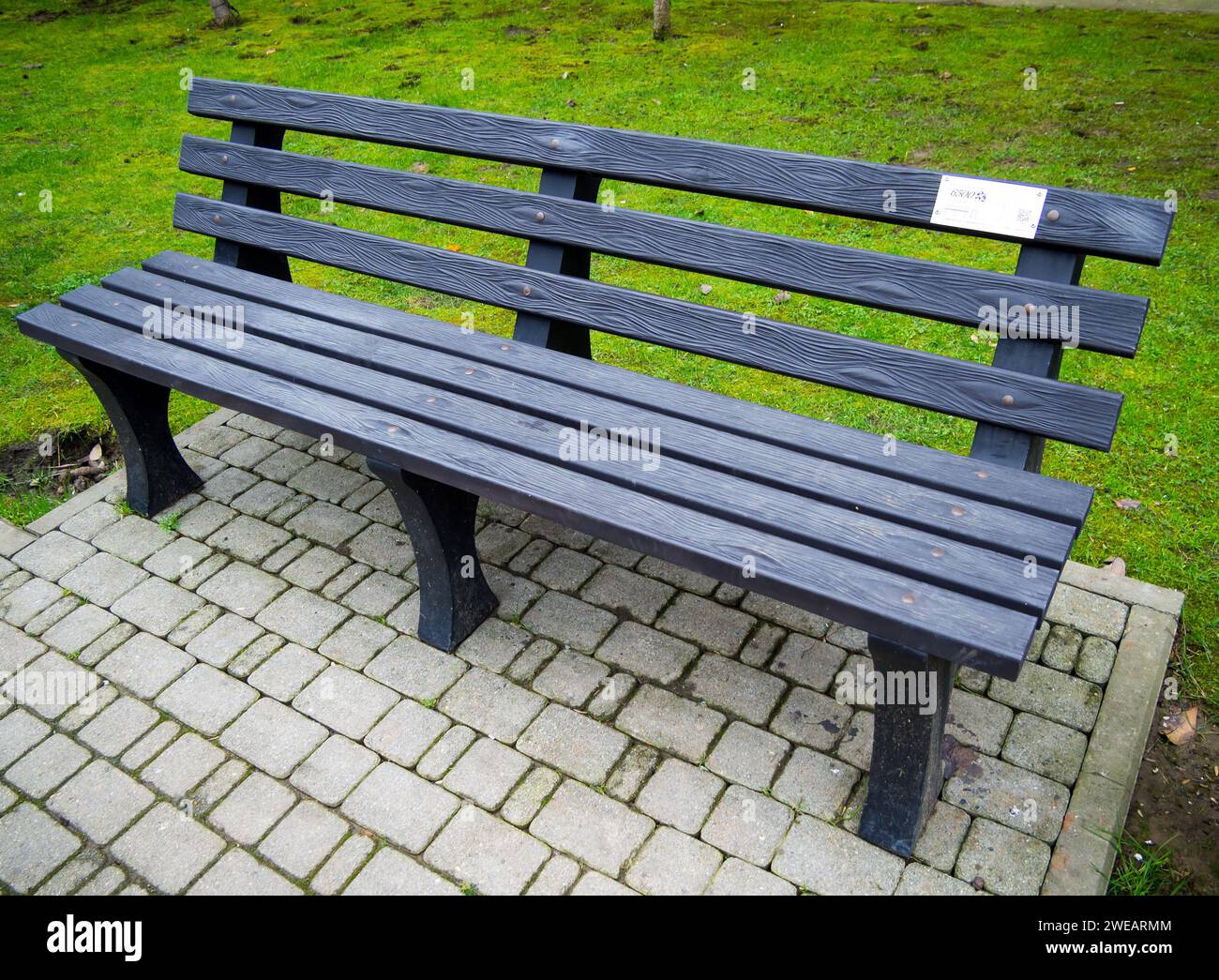 Sochi, Russia - February 12, 2023: Bench made from recycled plastic bottles. Stock Photo