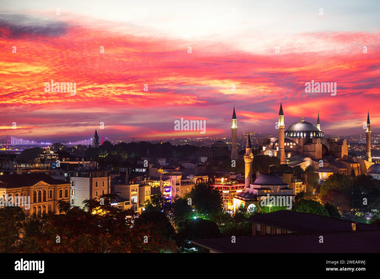 Sunset View Over Hagia Sophia And The Bosphorus Bridge Of Istanbul sunset-view-over-hagia-sophia-and-the-bosphorus-bridge-of-istanbul