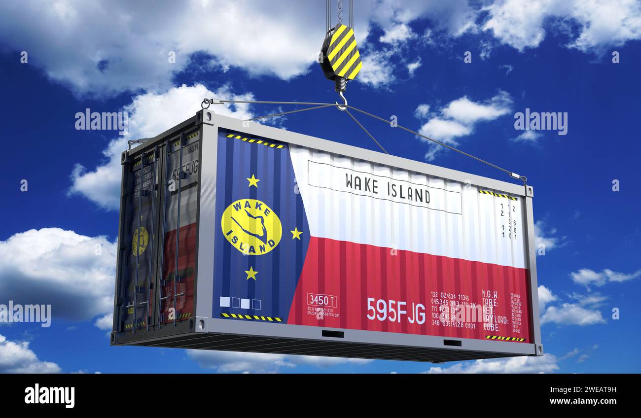 Cwc Wake Container Van Freight shipping container with national flag of Wake Island hanging on ...
