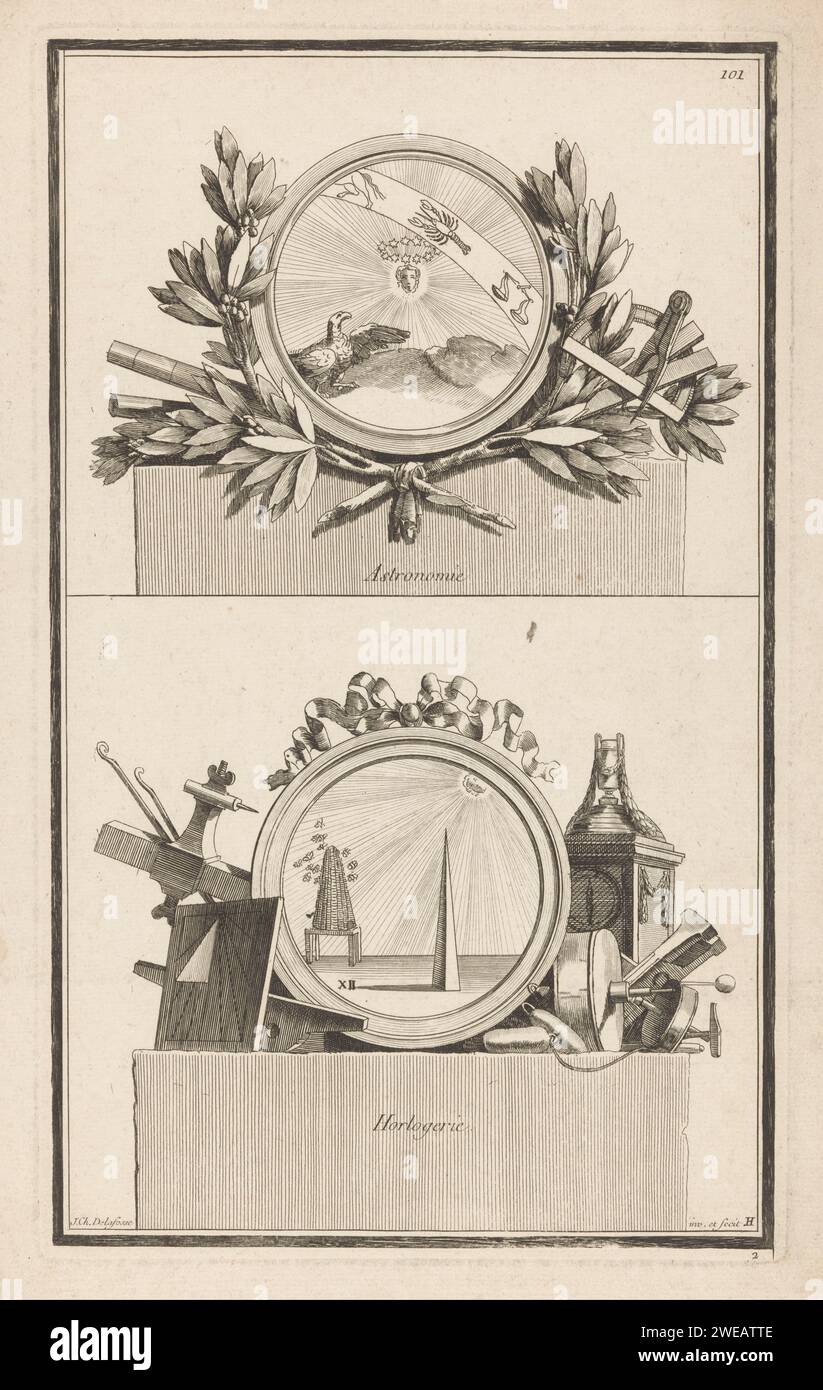 Astronomy in Horology, Jean Charles Delafosse, 1768 - 1771 print A round medallion with an eagle, the sun with a star wreath and signs of the zodiac, all around olive branches and measuring instruments. Below that a round medallion with the sun, a sundial and a beehive, around measuring instruments and a clock. Print number 101. Paris paper etching / engraving ornament  medallion. 'Astronomia', 'Cosmografia'; 'Cosmografia' (Ripa). (instruments for) measurement of time Stock Photo
