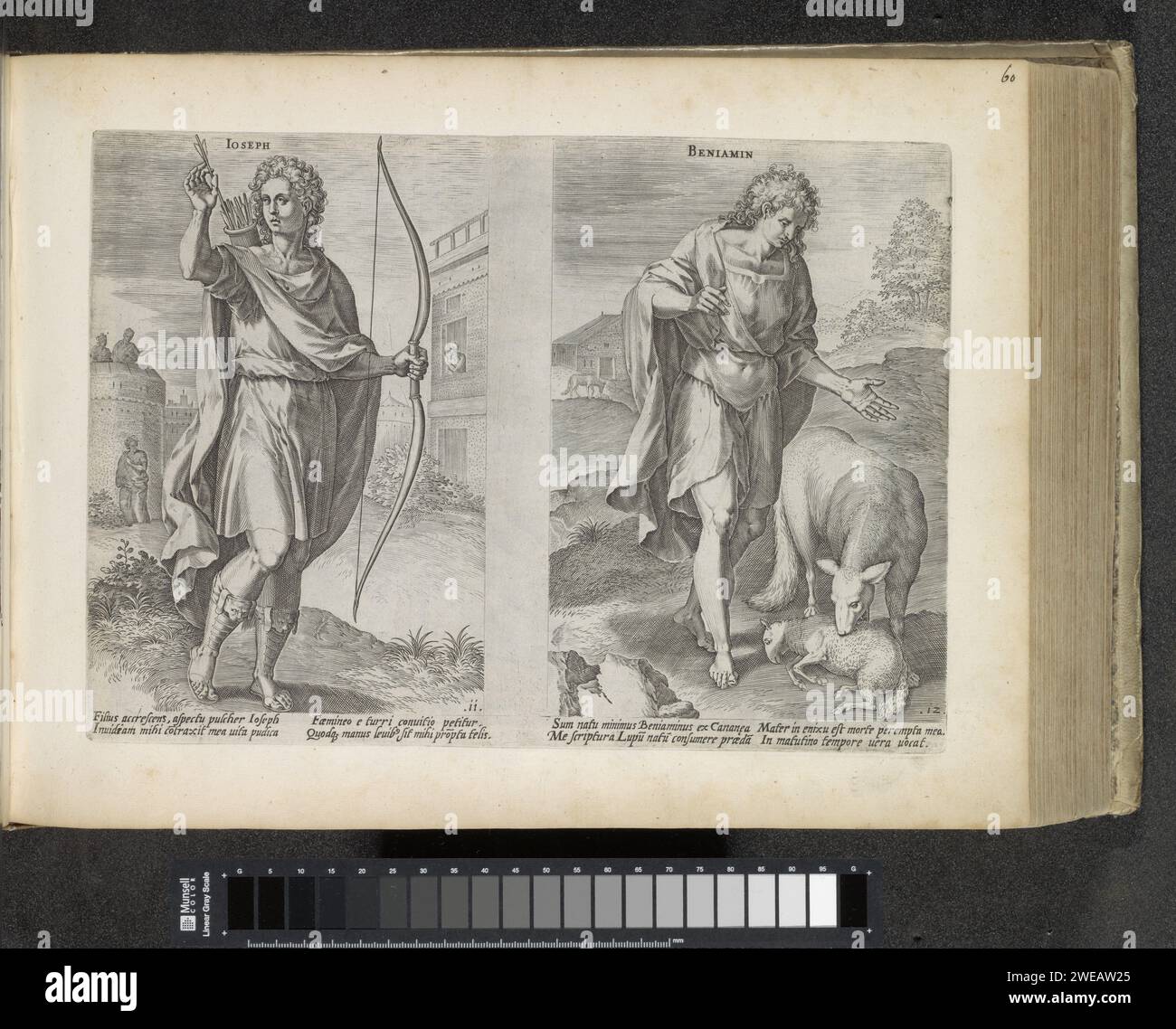 Ancestors Josef and Benjamin, 1643 print Left ancestor Jozef, the eleventh son of Jakob. Joseph has a bow and pulls an arrow out of a tube on his back. On the right ancestor Benjamin, the twelfth and last son of Jakob. In addition to Benjamin, a wolf devours a sheep, a reference to Benjamin as 'torn wolf'. Under the performances a reference in Latin to the Bible text. This print is part of an album. print maker: Antwerppublisher: Amsterdam paper engraving . Stock Photo