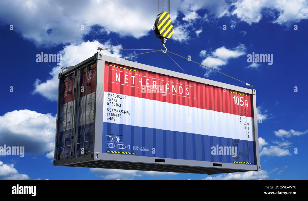 Freight shipping container with national flag of Netherlands hanging on ...