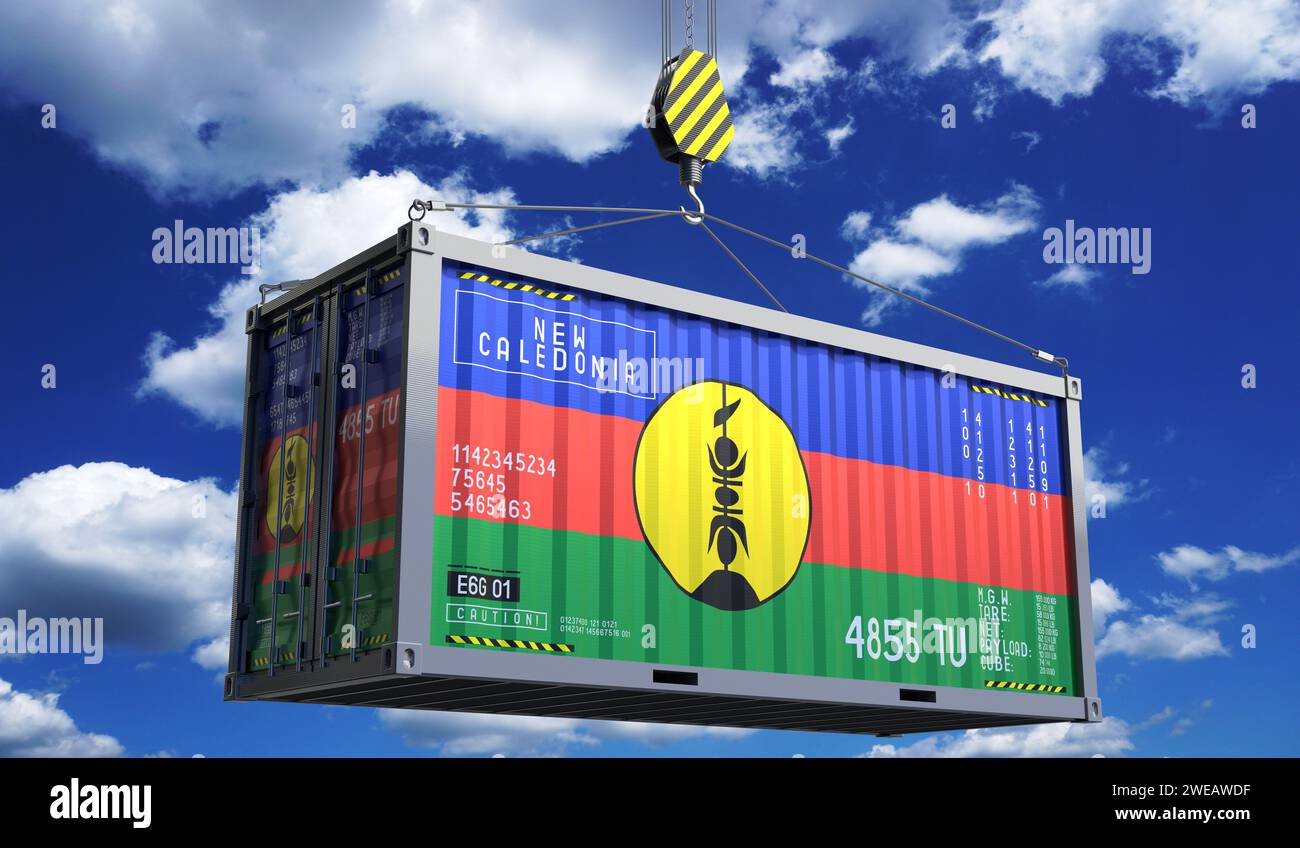 Freight shipping container with national flag of New Caledonia hanging ...