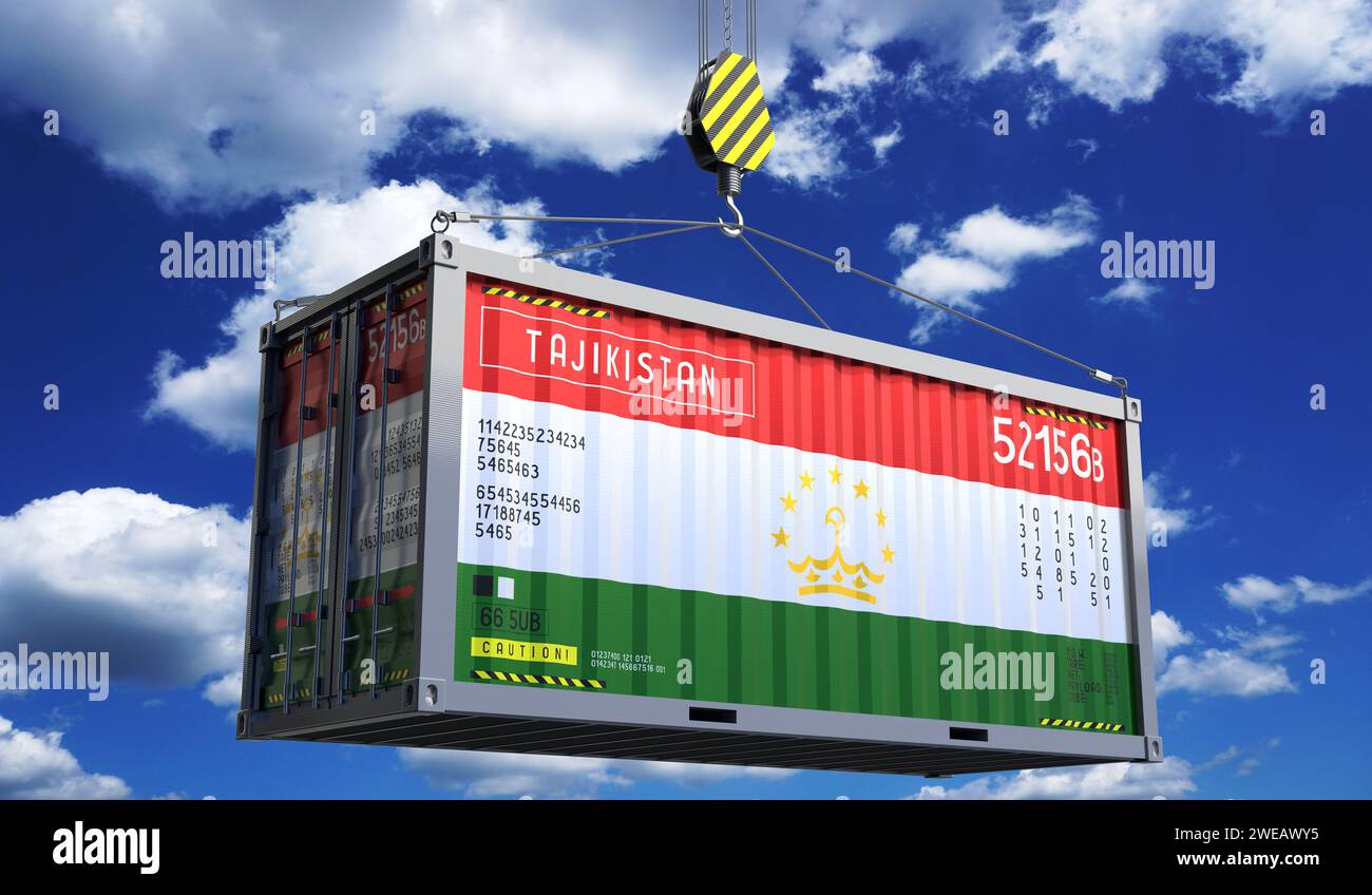 Freight shipping container with national flag of Tajikistan hanging on
