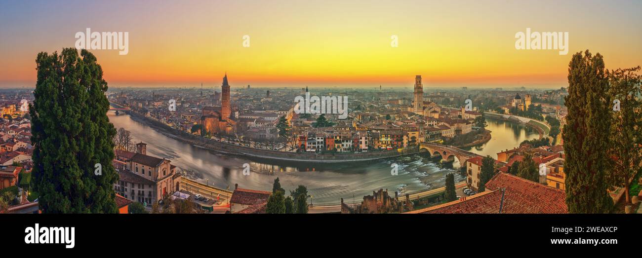 Verona, Italy Skyline on the Adige River at dusk. Stock Photo