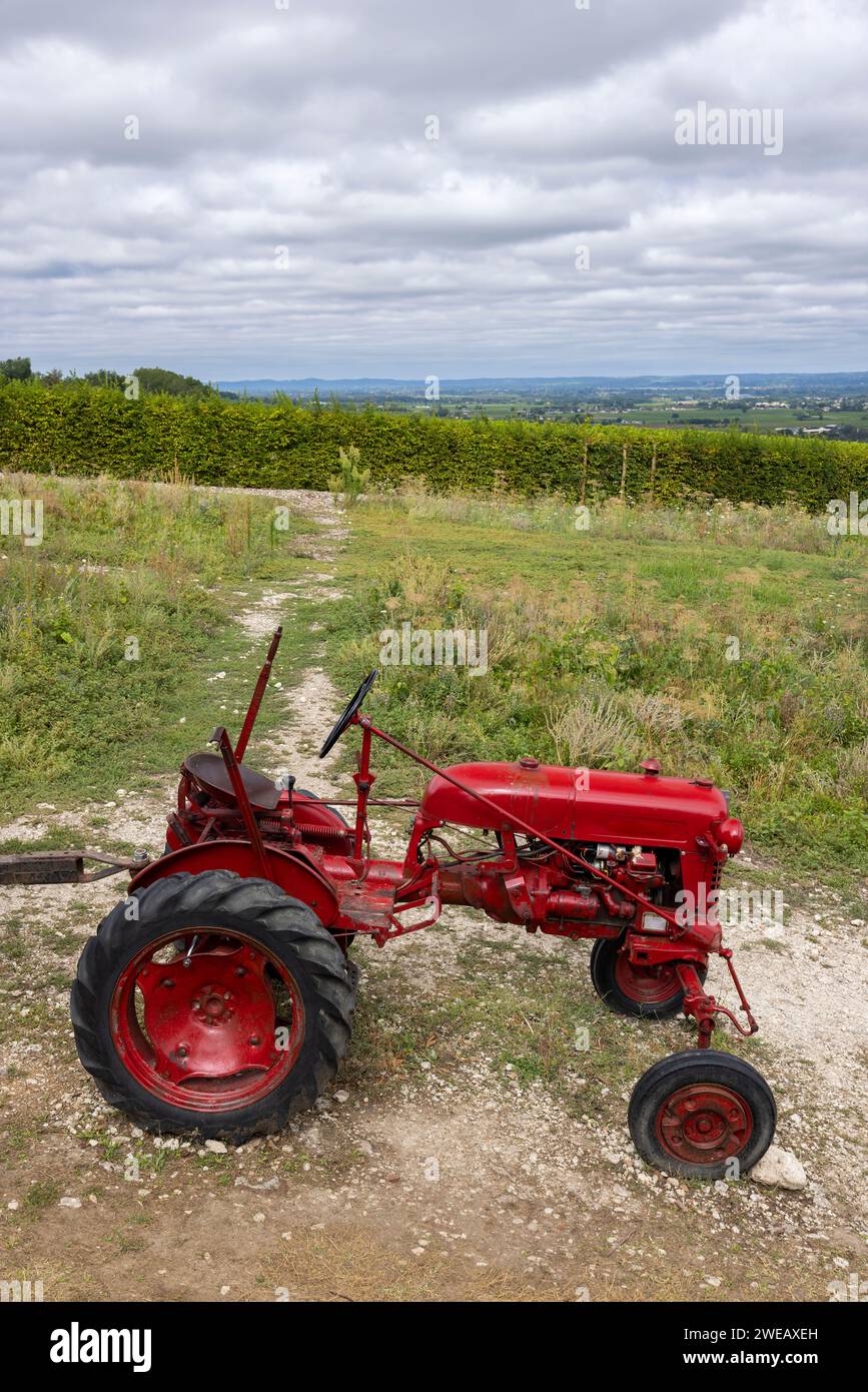 Red tractor near Monbazillac castle (Chateau de Monbazillac), Dordogne