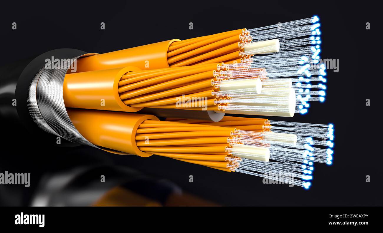 orange fibre optic cable detail on black background. 3d render Stock Photo