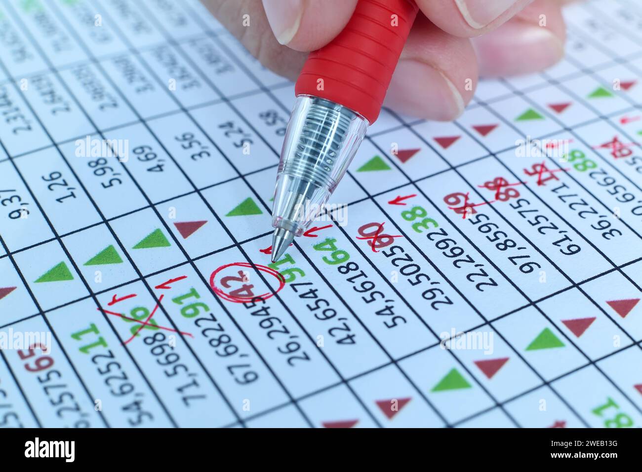 Close up of hand with pen correction financial market report with stock numbers. Financial analysis concept. Stock Photo