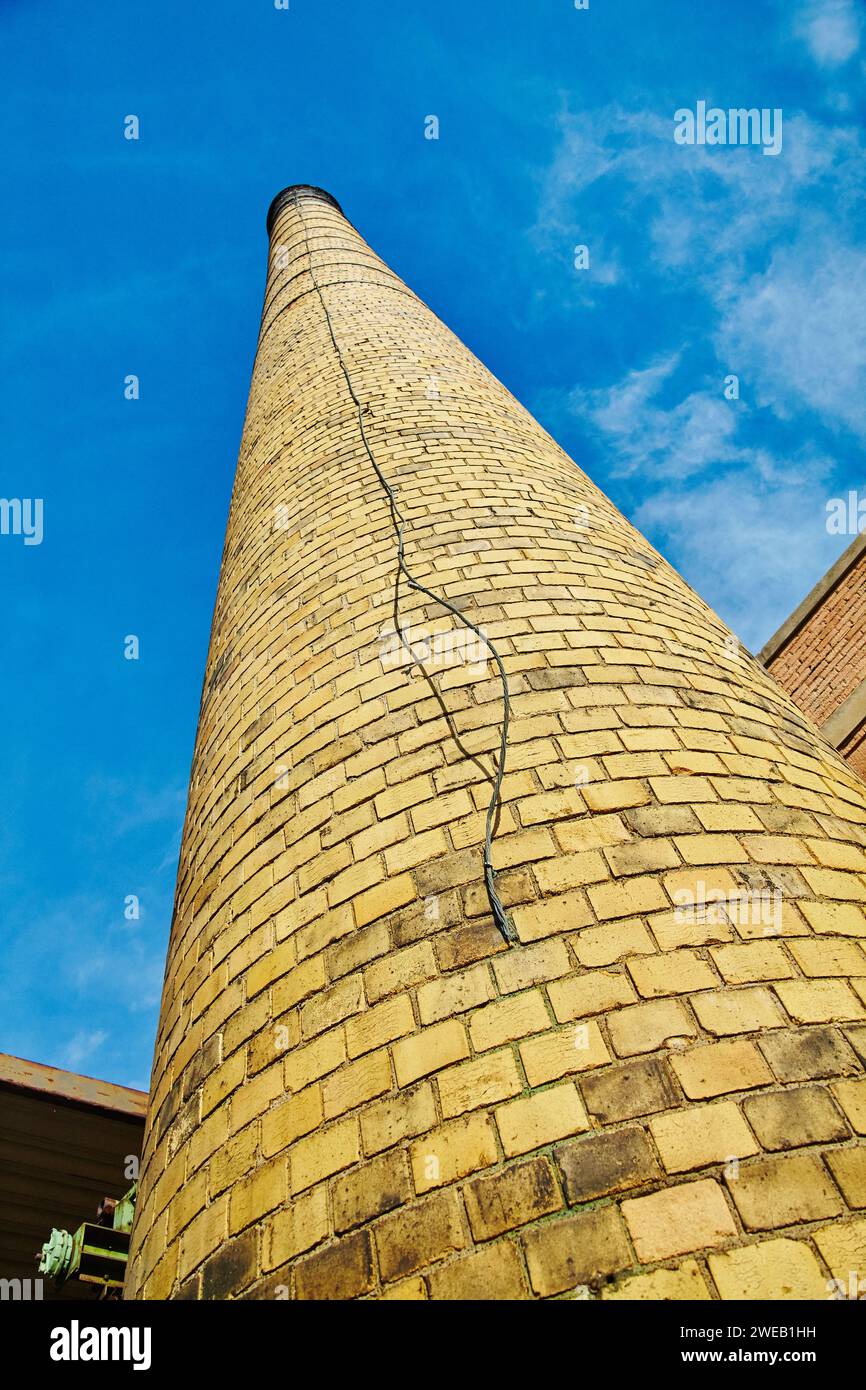 Industrial Brick Chimney with Weathered Texture Against Blue Sky, Low Angle View Stock Photo