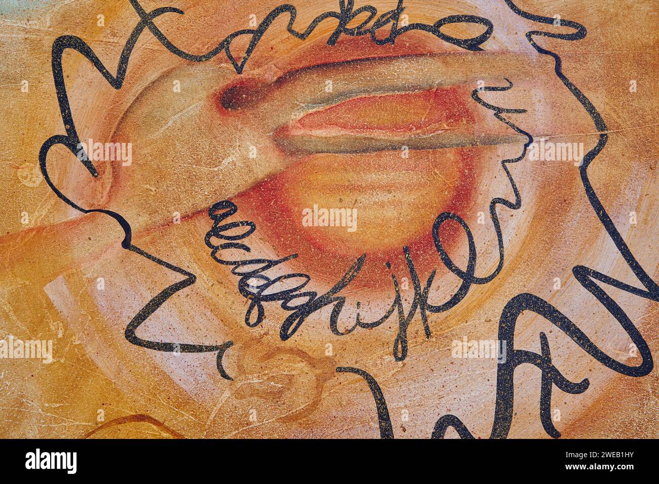 Realistic Graffiti Lips Art Close-Up with Urban Doodles Background Stock Photo