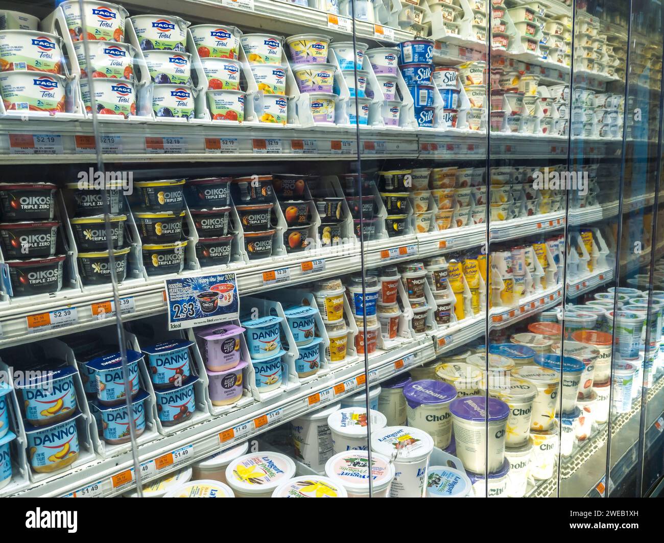 A selection of various brands of yogurt in a supermarket in New York on