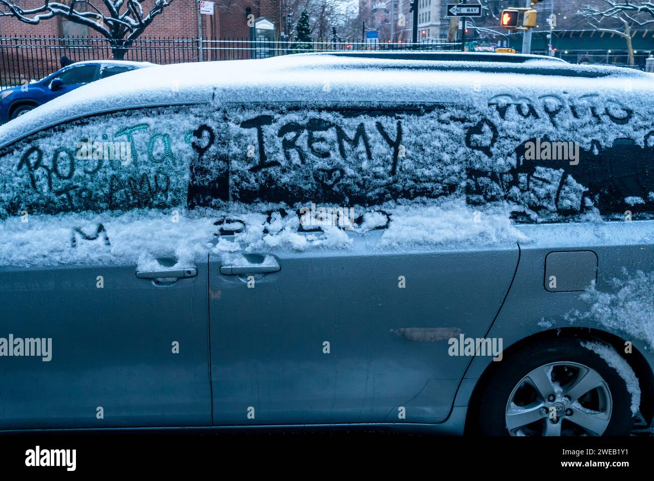 Love graffiti written in snow on a parked car in Chelsea in New York onTuesday, January 16, 2024. New York got it biggest single-day snowfall in 701 days, 1.6 inches broke the previous record of no significant accumulation. (© Richard B. Levine) Stock Photo