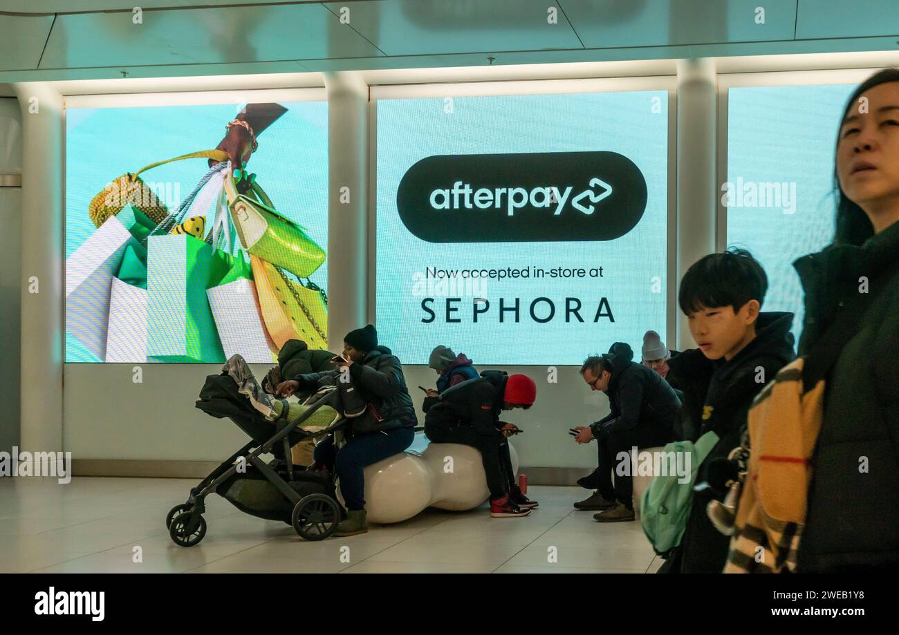 Afterpay installment payments advertising at the Westfield mall in Lower Manhattan in New York on Wednesday, January 17, 2024.  (© Richard B. Levine) Stock Photo