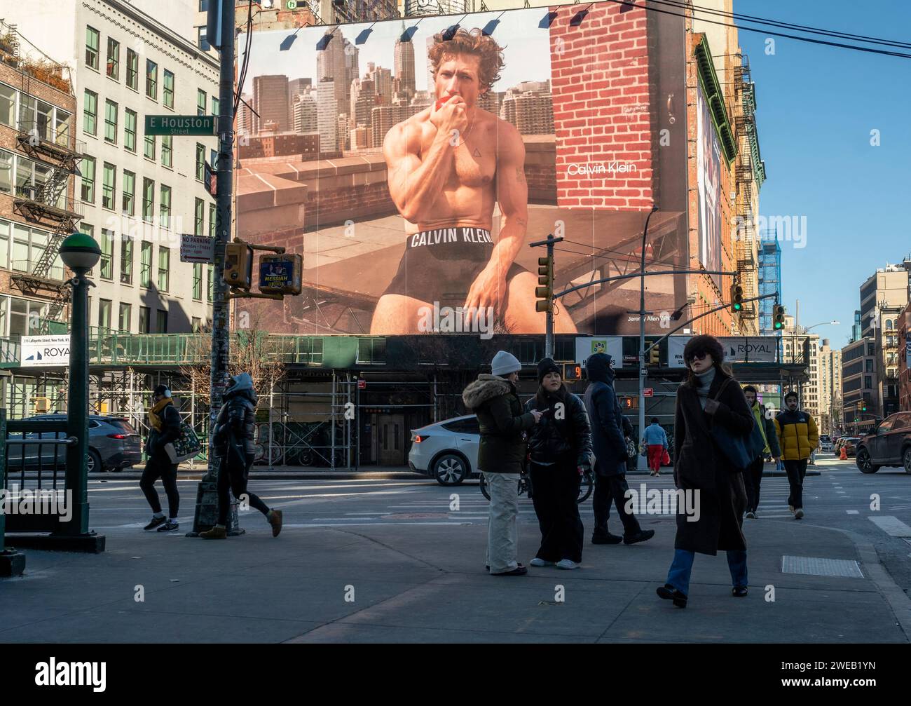 The Calvin Klein billboard featuring the actor Jeremy Allen White, in the Soho neighborhood of New York promoting their men’s underwear, seen on Sunday, January 21, 2024.  (© Richard B. Levine) Stock Photo