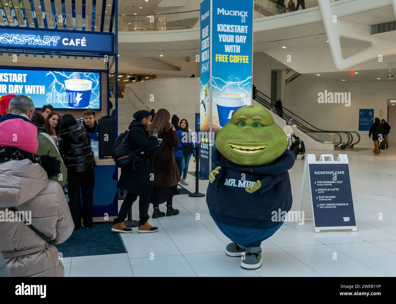 Mr. Mucus, mascot of Reckitt BenckiserÕs Muciniex brand cold and cough medicine at the Mucinex Kickstart brand activation in the Westfield Oculus in New York on Wednesday, January 17, 2024. Like most cold and flu remedies Kickstart helps reduce fever and relieve cough, sore throat, chest & nasal congestion, headache, body pain, and sinus congestion & pressure. (© Richard B. Levine) Stock Photo