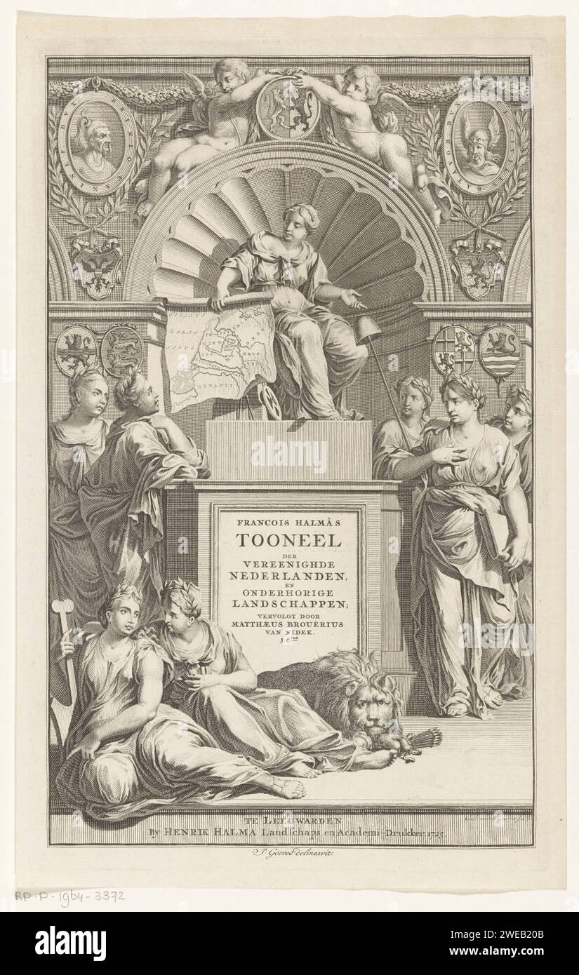 Allegory at the Republic of the Seven United Netherlands, Gilliam van der Gouwen, Jan Goeree, 1725 print The Dutch Virgin is on an elevated throne, surrounded by the personifications of the seven provinces. She holds a map of the Netherlands in the hand. On the throne the title of the book. Under the throne the Dutch Lion, with a bundle of arrows in his claws. At the top portrait medallions of Brinio, general faten and Julius Civilis, leader in the Batavenopand. Leeuwarden paper engraving / etching personifications of countries, nations, states, districts, etc.. beasts of prey, predatory anima Stock Photo