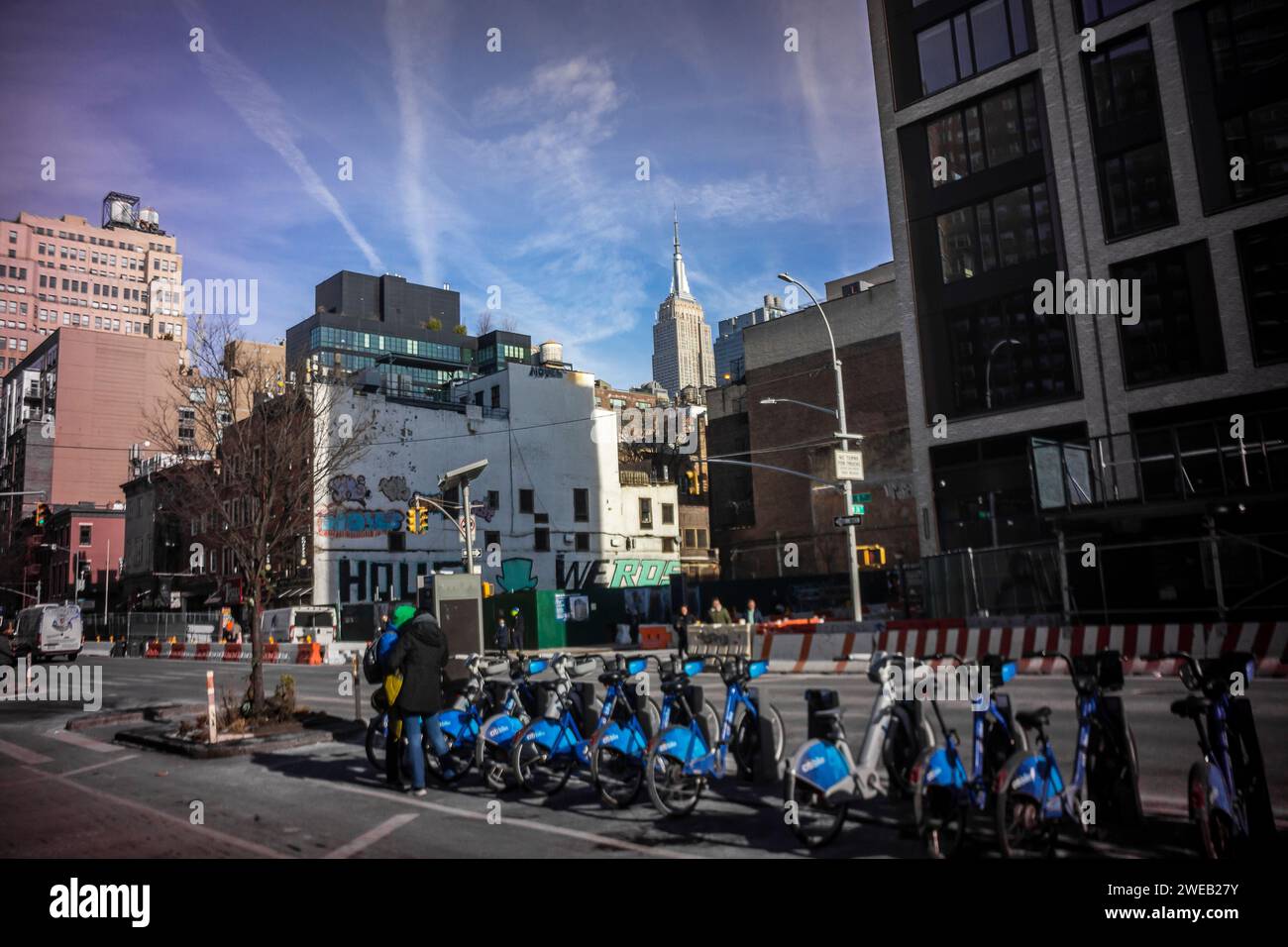 Soon to disappear popular view of the Empire State Building from Chelsea on Monday, January 22, 2024. Construction of a ten story building is progressing, replacing a one-story taxpayer occupied by a Rite Aid drugstore. (© Richard B. Levine) Stock Photo