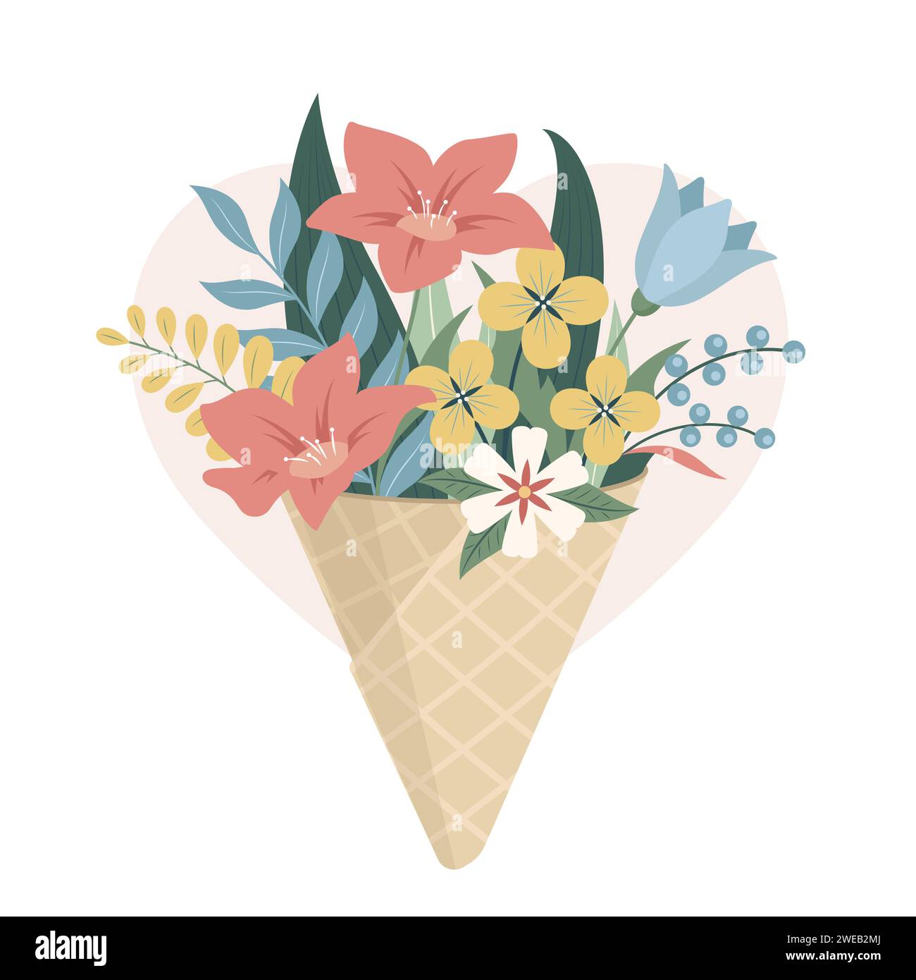 Flower bouquet in an ice cream cone on a heart-shaped background Stock Vector