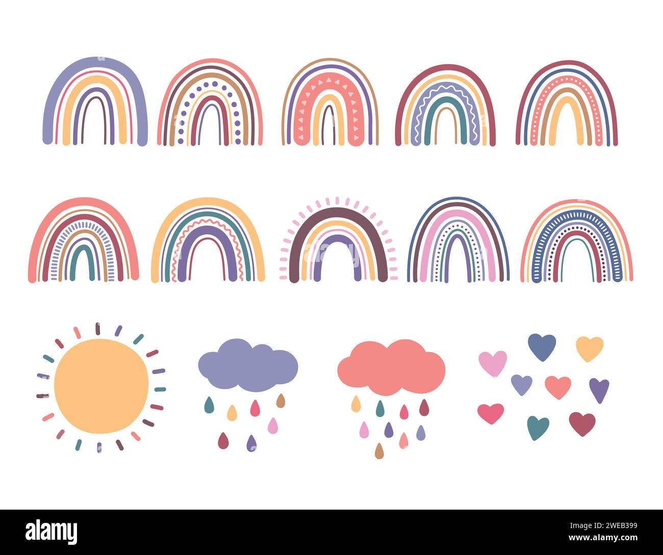 Rainbow, set of vector cute boho illustrations Stock Vector