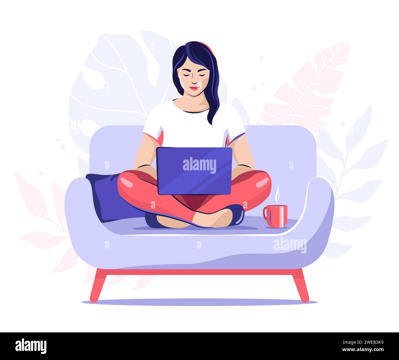 Woman working on a laptop sitting crosslegged on a sofa, vector