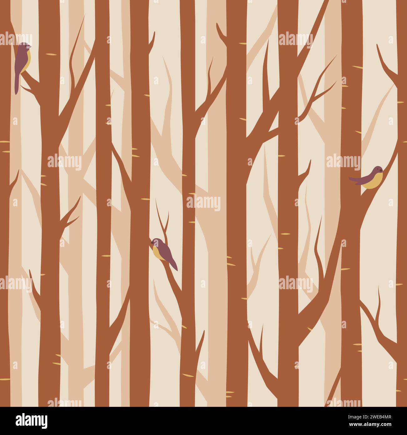 Forest, trees with birds on branches seamless pattern, vector background Stock Vector