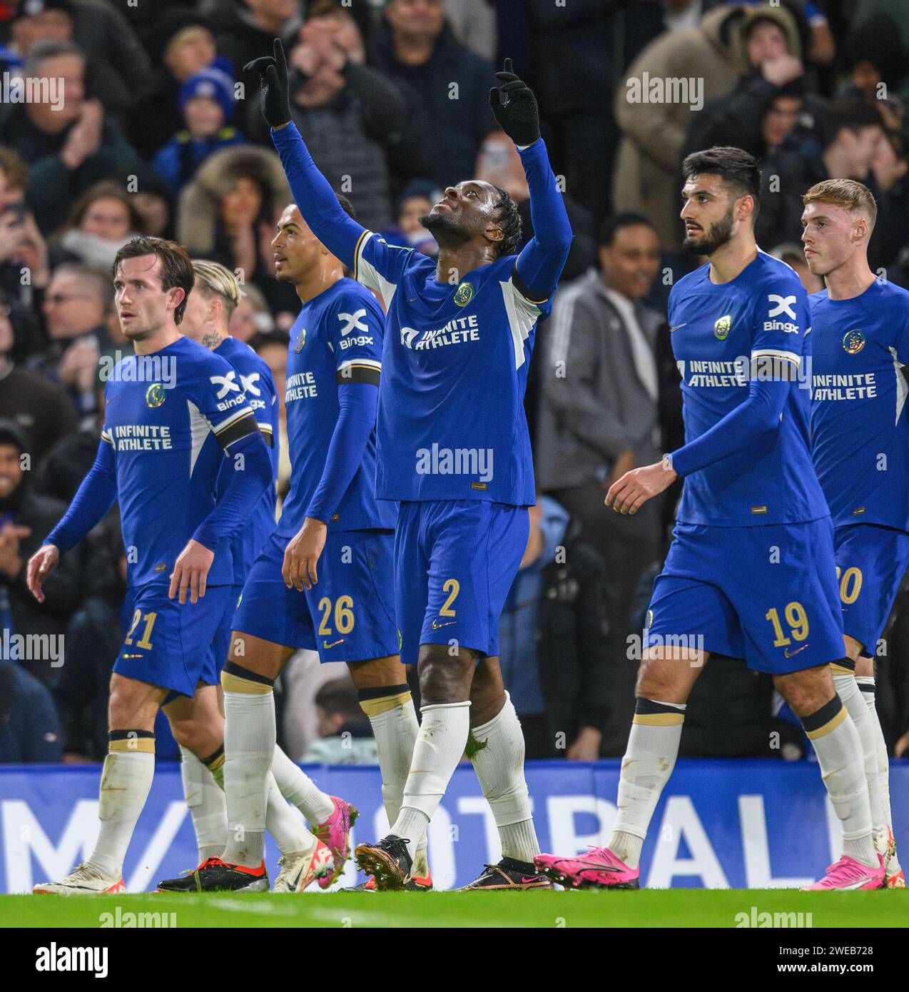 23 Jan 2024 - Chelsea v Middlesbrough - EFL Cup Semi-Final  - Stamford Bridge.  Chelsea's Axel Disasi celebrates his goal. Picture : Mark Pain / Alamy Live News Stock Photo