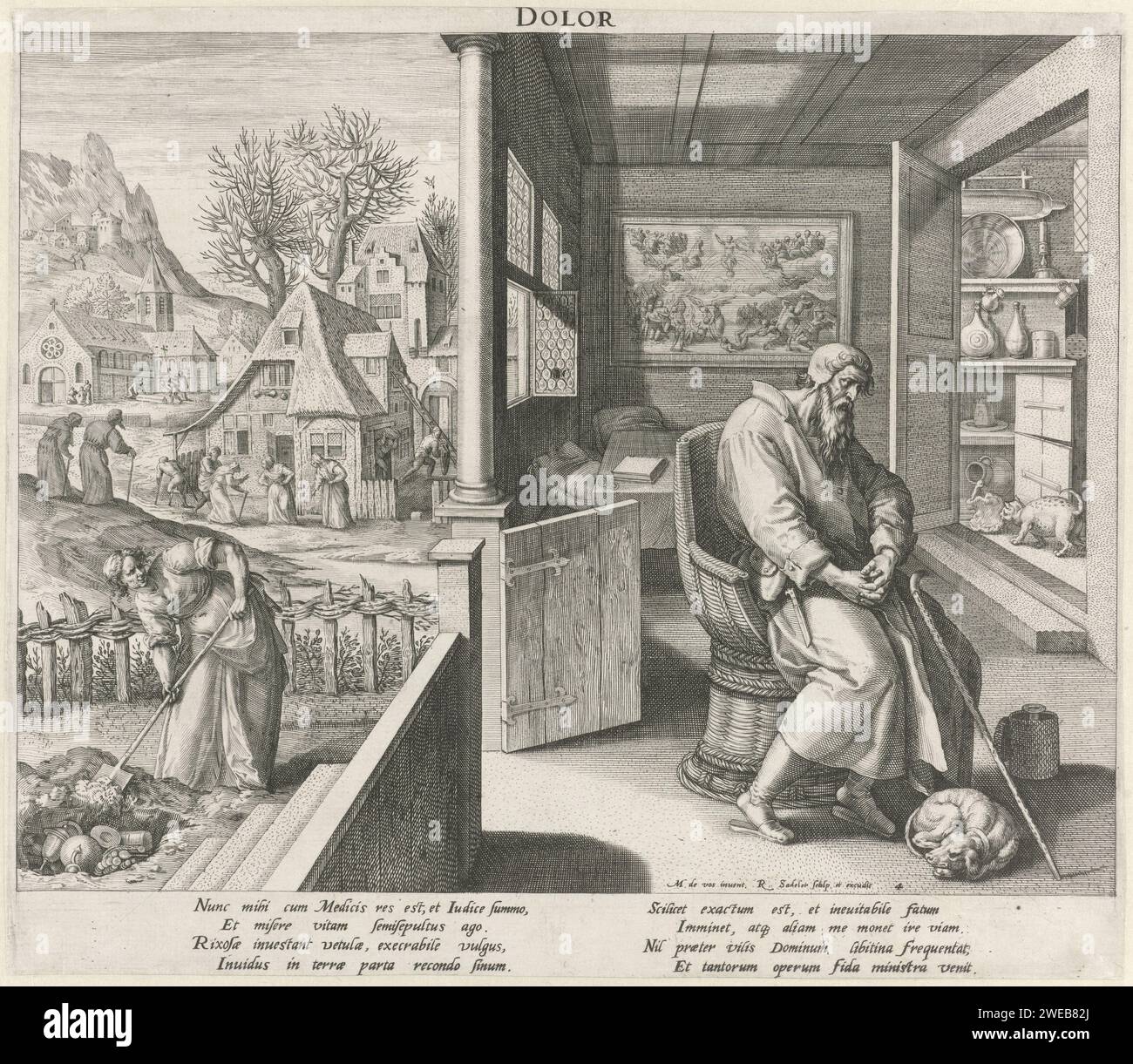 Old age under the influence of sorrow, Raphaël Sadeler (I), After Maerten de Vos, 1591 print An old man sits in his room on a chair and seems to be sunk in thought. There is a painting of the Last Judgment in the room. On the left, outside the house, a man buries money and jewelery in the garden. In the background on the left, some elderly people are arguing and a funeral is going on near a church. With Latin caption. Cologne paper engraving Old Age, 'Senectus'; 'Vecchiezza' (Ripa). Last Judgement. painting (including book-illumination, miniature-painting). hiding, concealing, burying a treasu Stock Photo