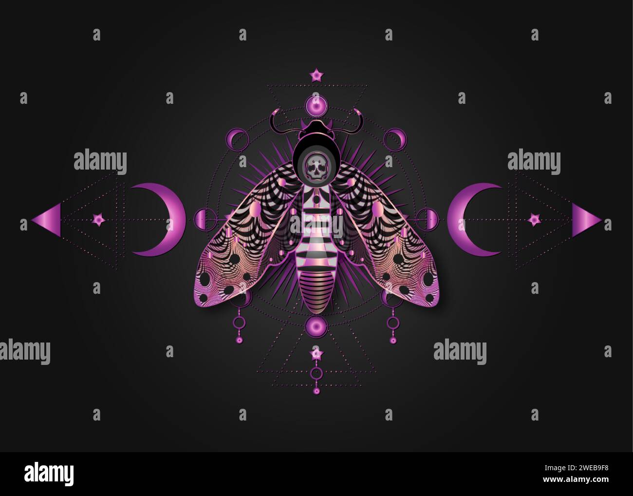 The death's head moth on Sacred Geometry. Night mystical butterfly with a skull and Moon Phases. Purple luxury vector illustration of celestial LOGO Stock Vector