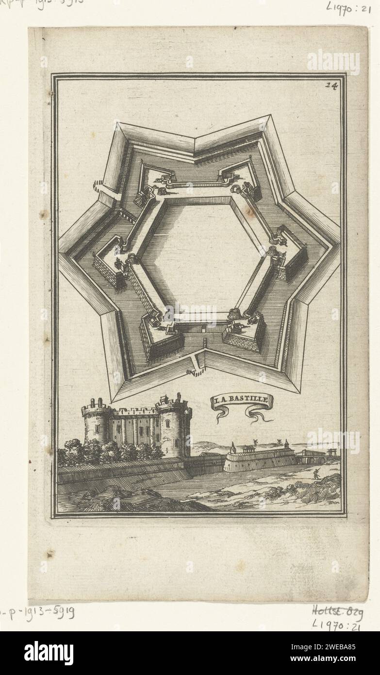 Illustration for 'The Labor of Mars' by Allain Manesson Mallet, Romeyn de Hooghe, 1672 print Map of a fortress, fort or reinforcement (hexagon). Below that a face on La Bastille. In the corner at the top right, the number 14 (= the number of the page in the book on the other hand the illustration has been placed). Amsterdam paper etching fortifications, military engineering. fortress. landscape with tower or castle Paris Stock Photo