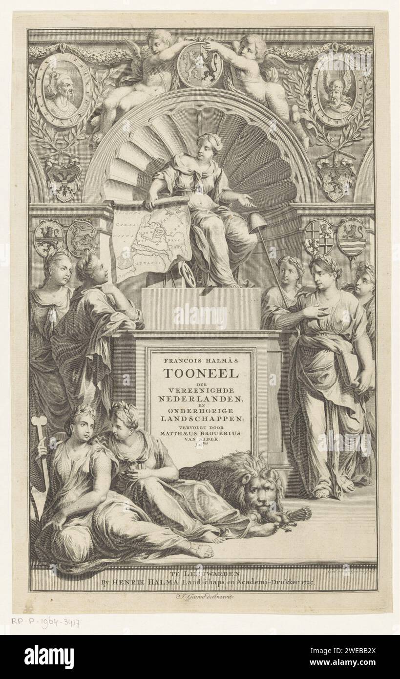 Allegory at the Republic of the Seven United Netherlands, Gilliam van der Gouwen, after Jan Goeree, 1725 print The Dutch Virgin is on an elevated throne, surrounded by the personifications of the seven provinces. She holds a map of the Netherlands in the hand. On the throne the title of the book. Under the throne the Dutch Lion, with a bundle of arrows in his claws. At the top portrait medallions of Brinio, general faten and Julius Civilis, leader in the Batavenopand. Leeuwarden paper engraving / etching personifications of countries, nations, states, districts, etc.. beasts of prey, predatory Stock Photo