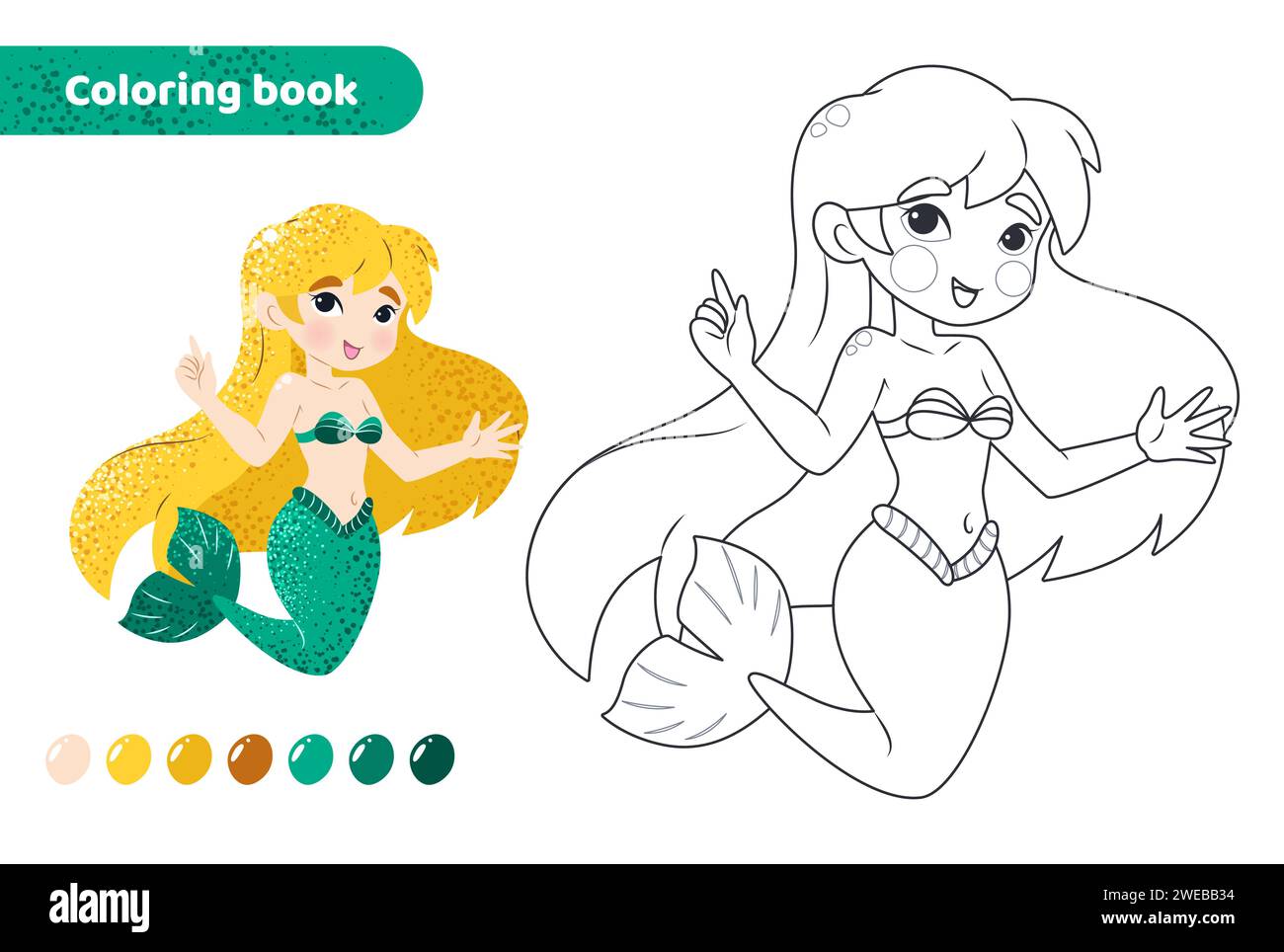 Coloring book for kids. Cute mermaid with tail. Stock Vector
