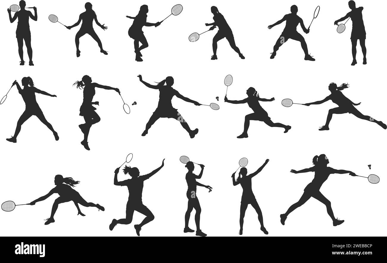 Female badminton players silhouette, Badminton silhouettes, Badminton player clipart, Girl badminton silhouettes. Stock Vector