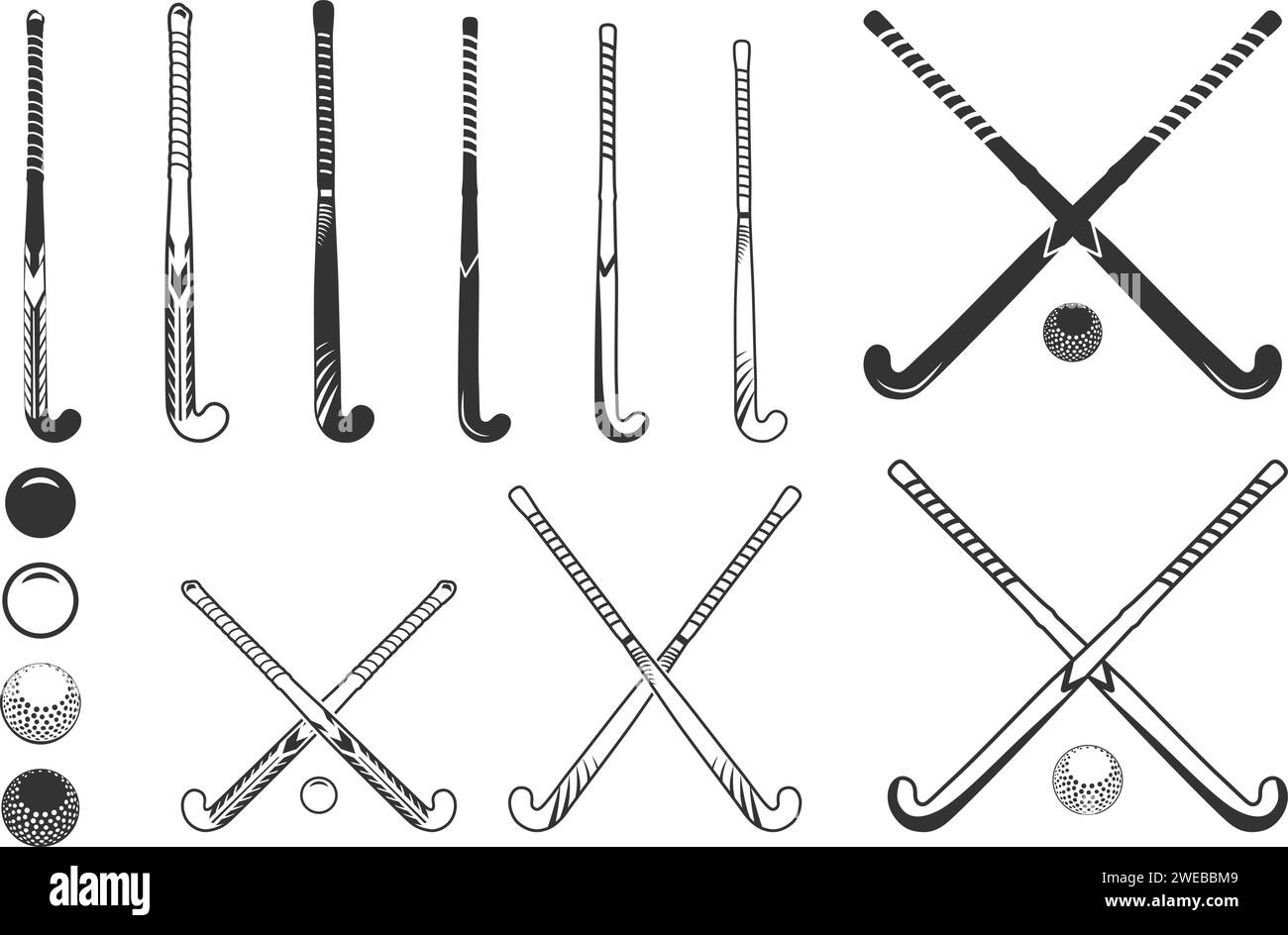 Field hockey stick silhouettes, Field hockey sticks and ball