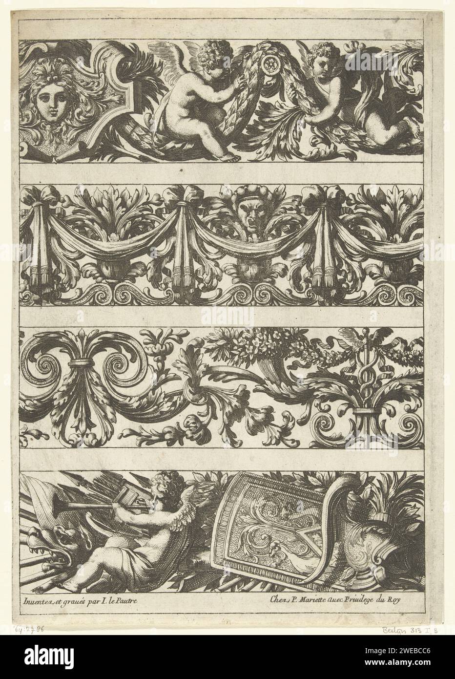 Four rows of Frisians, Jean Lepautre, After c. 1667 - Before 1716 print There is a weapon trophy in the lower Frisian and a putto blows on a trumpet. Leaf 3 from series of 6 blades, each with four rows of Frisians, some of which are divided into two courses. print maker: France (possibly)after own design by: France (possibly)publisher: Paris paper etching Stock Photo