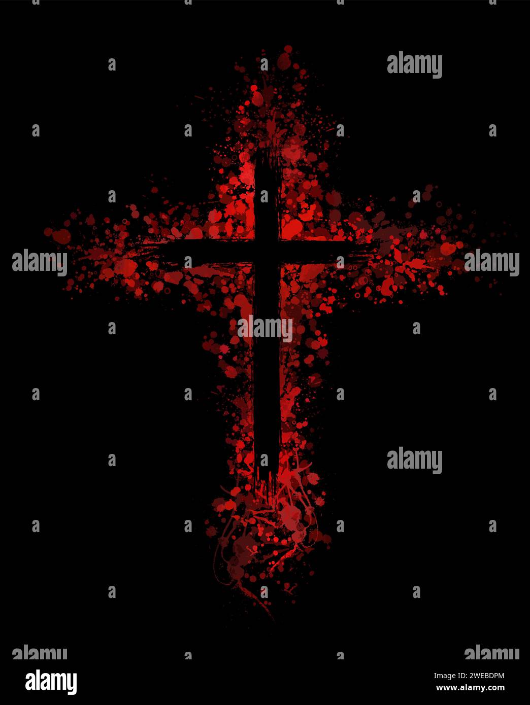 Red religious cross on a black background. bloody cross, hand drawing. Not AI. Vector illustration Stock Vector