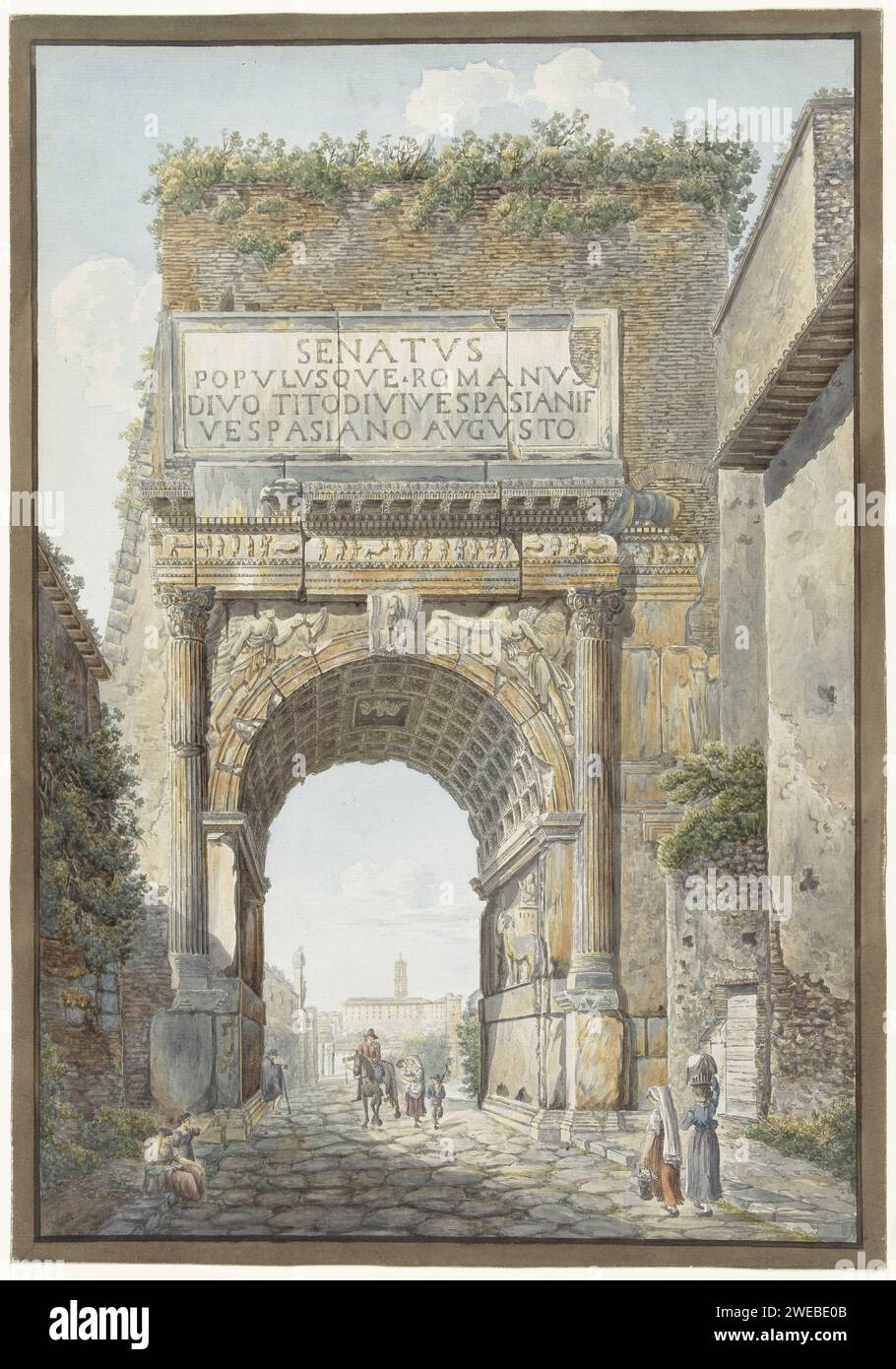 Titus's bow on the Romanum forum, Daniël Dupré, 1786 - 1817 print View of the arch of Titus on the Romanum forum in Rome for the restoration and restoration of the side aisles. Under the gate is a beggar. A man on horseback and a woman with two children walk through the gate. Two waxes walk towards the gate from the other side. Netherlands paper. watercolor (paint) etching triumphal arch Titus bow Stock Photo