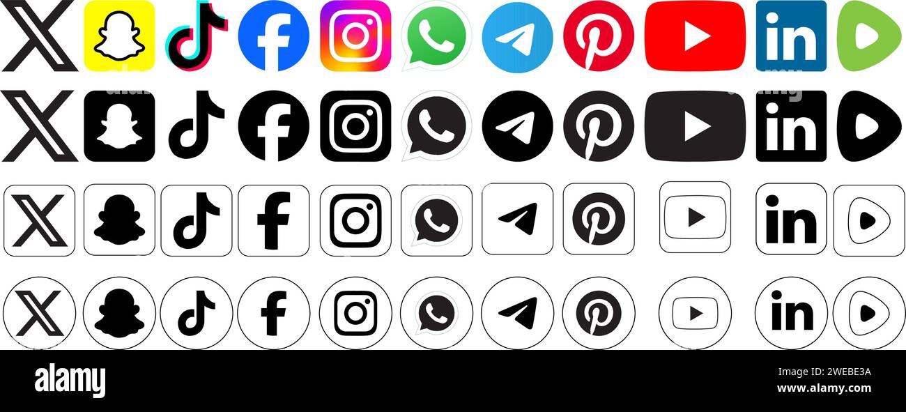 January 24 2024: Colour, Black and Transparent, Square and round edged logos of the main Social Media company logos. Facebook, Twitter, Whatsapp, Yout Stock Vector