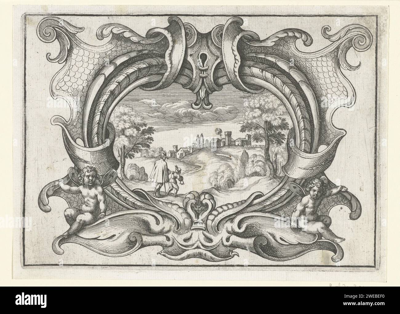 Cartouche with two winged putti, Daniel Rabel, 1634 print In the middle ...
