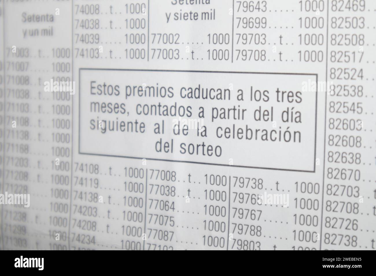 Image of the three-month expiration notice of the prizes distributed in the Christmas draw of the Spanish National Lottery Stock Photo