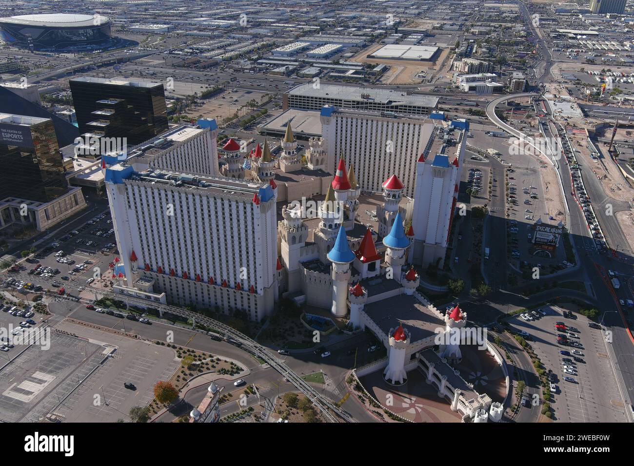 A general overall aerial view of the Excalibur hotel and casino, Friday, Dec. 1, 2023, in Las Vegas. A general overall aerial view of the Excalibur ho Stock Photo