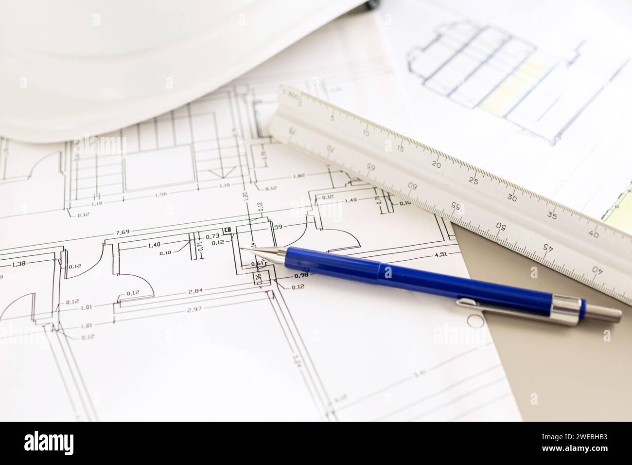 Architecture plans and architect supplies background. Selective focus Stock Photo