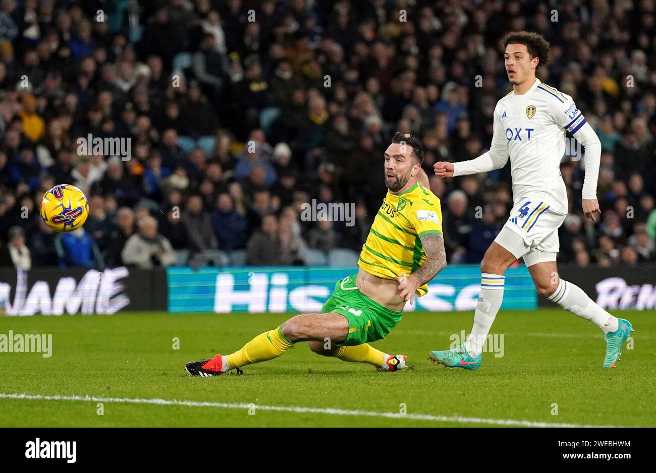 Norwich City's Shane Duffy fails to reach a cross missing a chance to score during the Sky Bet Championship match at Elland Road, Leeds. Picture date: Wednesday January 24, 2024. Stock Photo